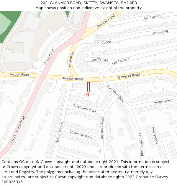 203, GLANMOR ROAD, SKETTY, SWANSEA, SA2 0RR: Location map and indicative extent of plot