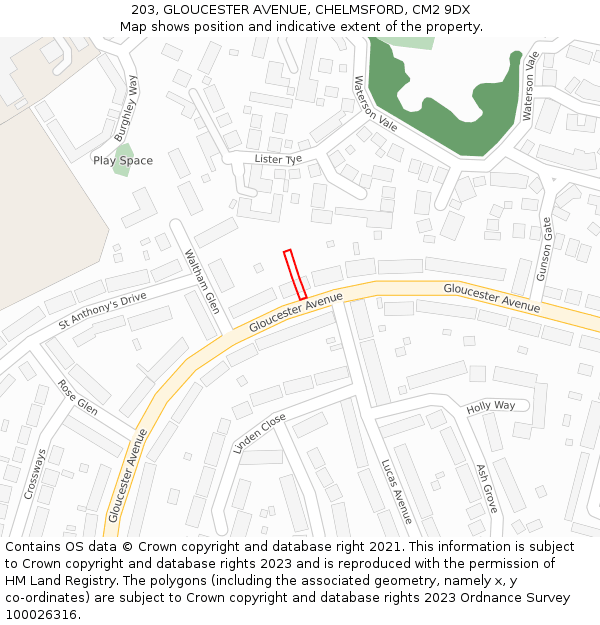 203, GLOUCESTER AVENUE, CHELMSFORD, CM2 9DX: Location map and indicative extent of plot