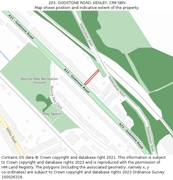 203, GODSTONE ROAD, KENLEY, CR8 5BN: Location map and indicative extent of plot