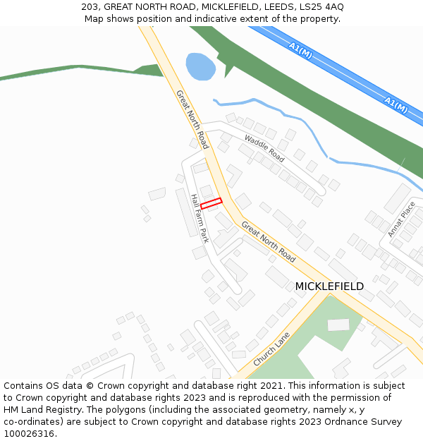 203, GREAT NORTH ROAD, MICKLEFIELD, LEEDS, LS25 4AQ: Location map and indicative extent of plot