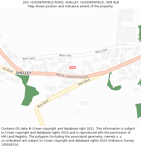 203, HUDDERSFIELD ROAD, SHELLEY, HUDDERSFIELD, HD8 8LB: Location map and indicative extent of plot