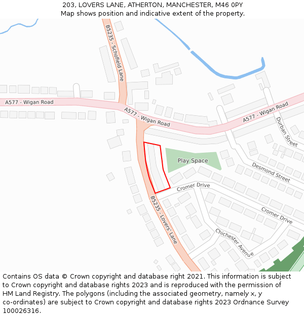 203, LOVERS LANE, ATHERTON, MANCHESTER, M46 0PY: Location map and indicative extent of plot