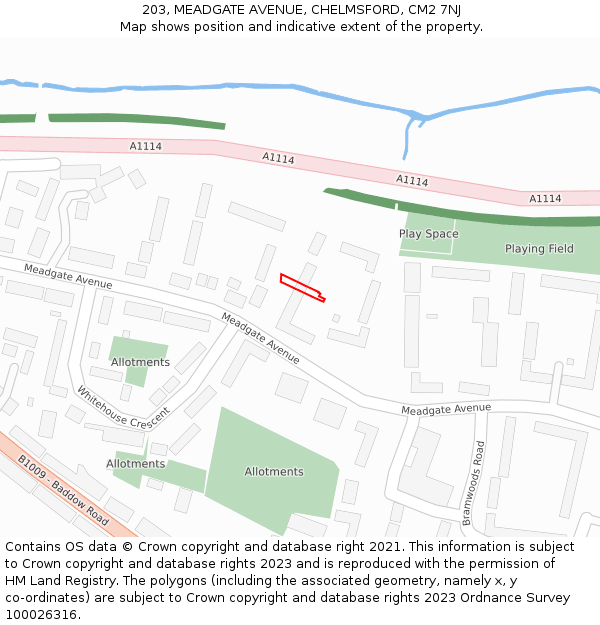 203, MEADGATE AVENUE, CHELMSFORD, CM2 7NJ: Location map and indicative extent of plot
