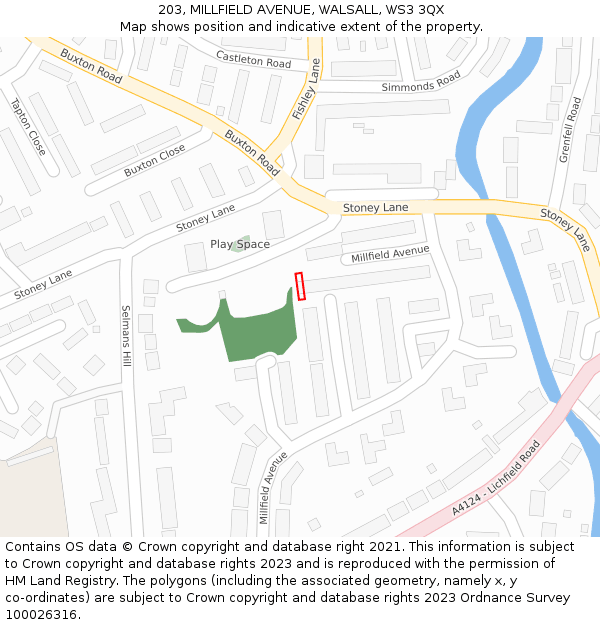 203, MILLFIELD AVENUE, WALSALL, WS3 3QX: Location map and indicative extent of plot