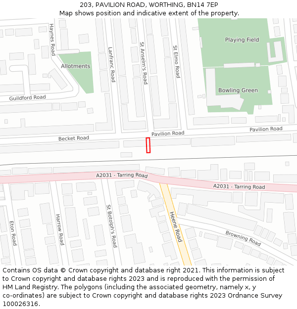 203, PAVILION ROAD, WORTHING, BN14 7EP: Location map and indicative extent of plot