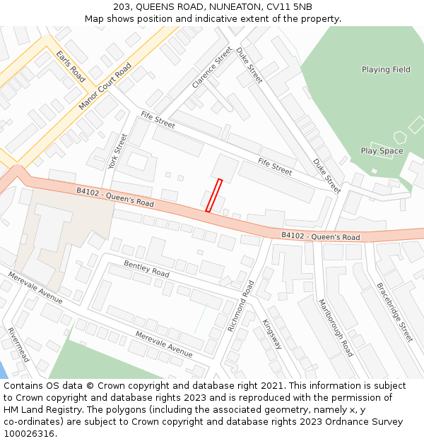 203, QUEENS ROAD, NUNEATON, CV11 5NB: Location map and indicative extent of plot