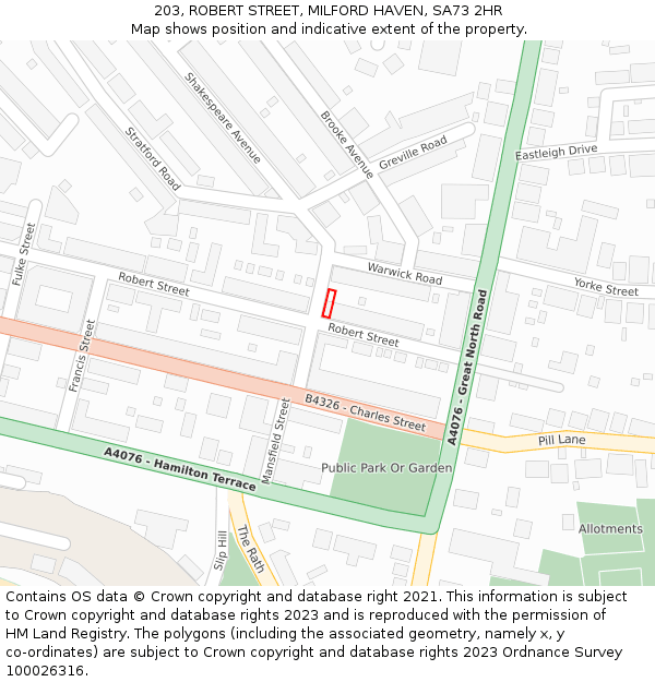 203, ROBERT STREET, MILFORD HAVEN, SA73 2HR: Location map and indicative extent of plot
