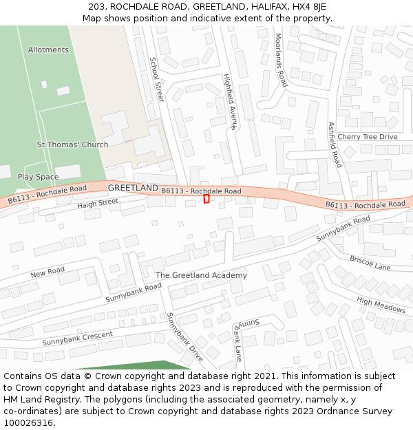 203, ROCHDALE ROAD, GREETLAND, HALIFAX, HX4 8JE: Location map and indicative extent of plot
