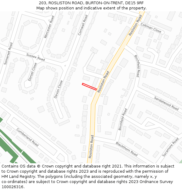 203, ROSLISTON ROAD, BURTON-ON-TRENT, DE15 9RF: Location map and indicative extent of plot
