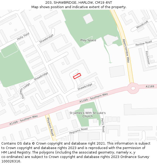 203, SHAWBRIDGE, HARLOW, CM19 4NT: Location map and indicative extent of plot