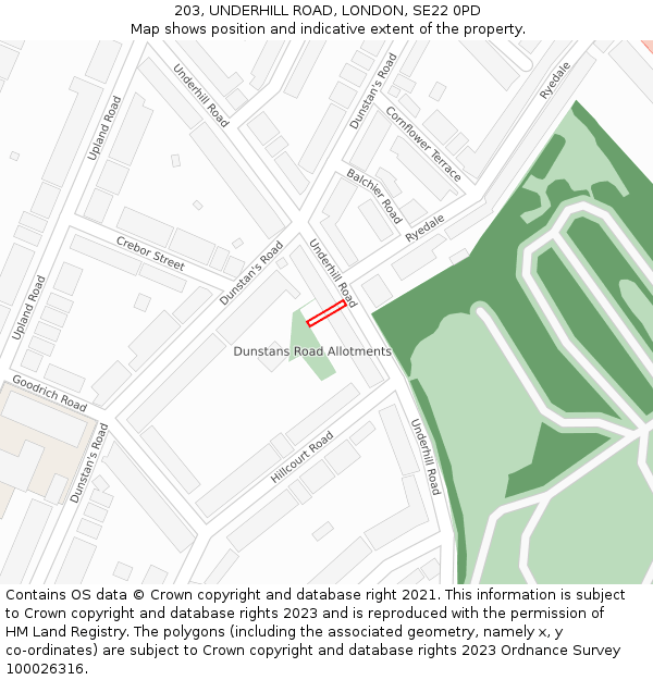 203, UNDERHILL ROAD, LONDON, SE22 0PD: Location map and indicative extent of plot