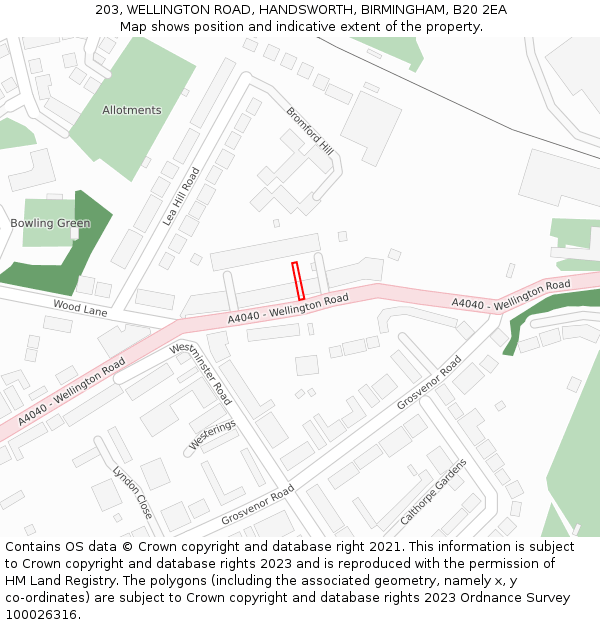 203, WELLINGTON ROAD, HANDSWORTH, BIRMINGHAM, B20 2EA: Location map and indicative extent of plot