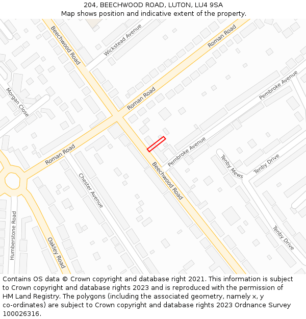 204, BEECHWOOD ROAD, LUTON, LU4 9SA: Location map and indicative extent of plot