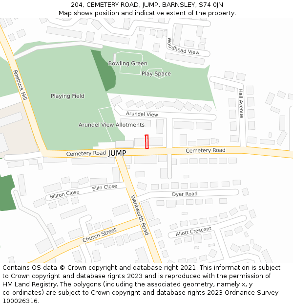 204, CEMETERY ROAD, JUMP, BARNSLEY, S74 0JN: Location map and indicative extent of plot