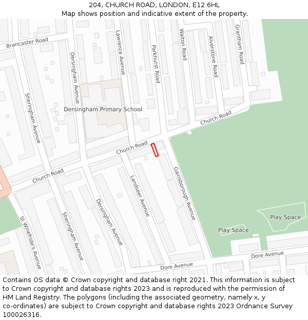 204, CHURCH ROAD, LONDON, E12 6HL: Location map and indicative extent of plot