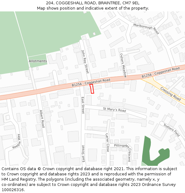204, COGGESHALL ROAD, BRAINTREE, CM7 9EL: Location map and indicative extent of plot