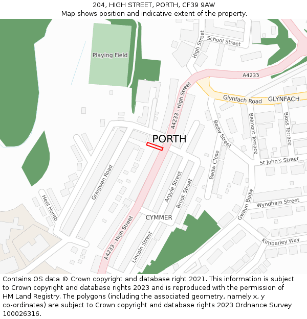 204, HIGH STREET, PORTH, CF39 9AW: Location map and indicative extent of plot