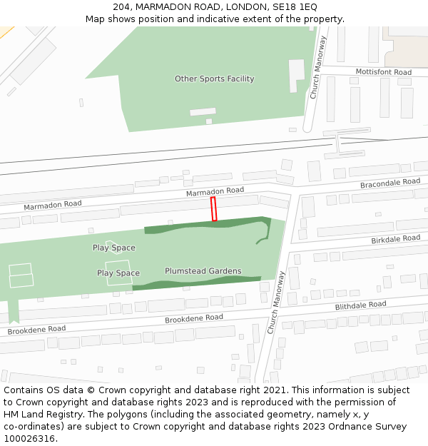 204, MARMADON ROAD, LONDON, SE18 1EQ: Location map and indicative extent of plot