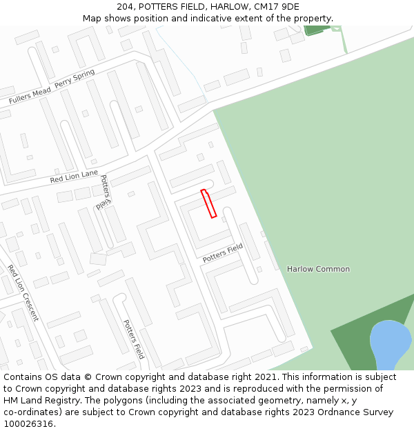 204, POTTERS FIELD, HARLOW, CM17 9DE: Location map and indicative extent of plot