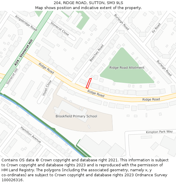 204, RIDGE ROAD, SUTTON, SM3 9LS: Location map and indicative extent of plot