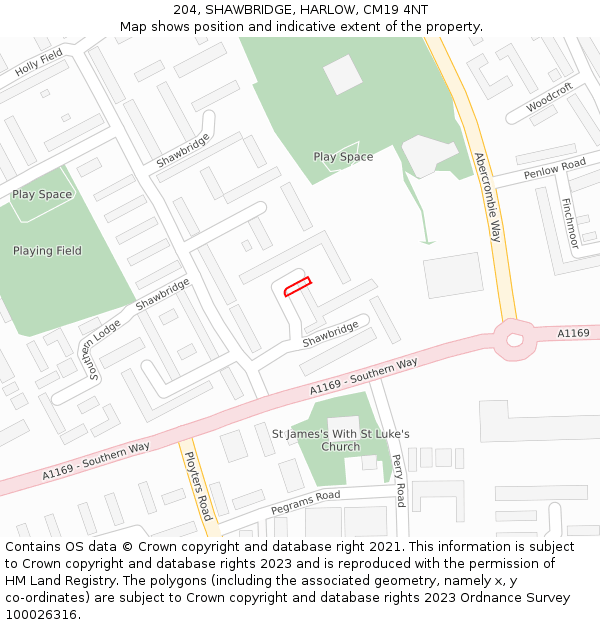 204, SHAWBRIDGE, HARLOW, CM19 4NT: Location map and indicative extent of plot