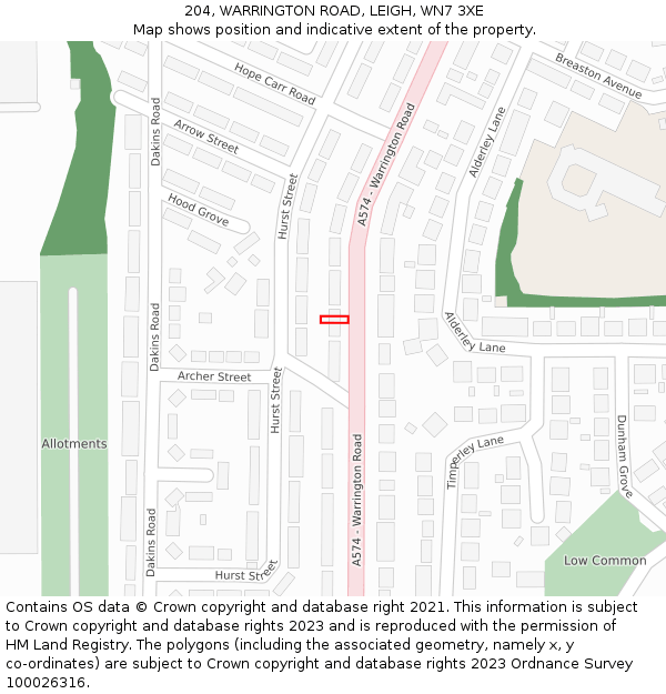 204, WARRINGTON ROAD, LEIGH, WN7 3XE: Location map and indicative extent of plot