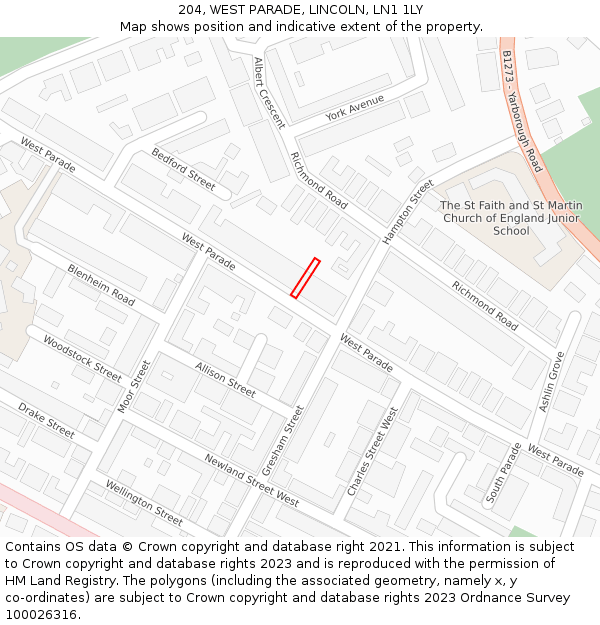 204, WEST PARADE, LINCOLN, LN1 1LY: Location map and indicative extent of plot