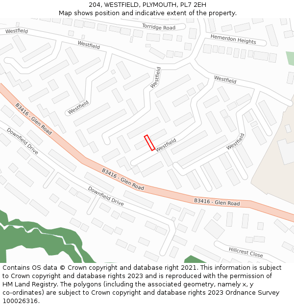 204, WESTFIELD, PLYMOUTH, PL7 2EH: Location map and indicative extent of plot