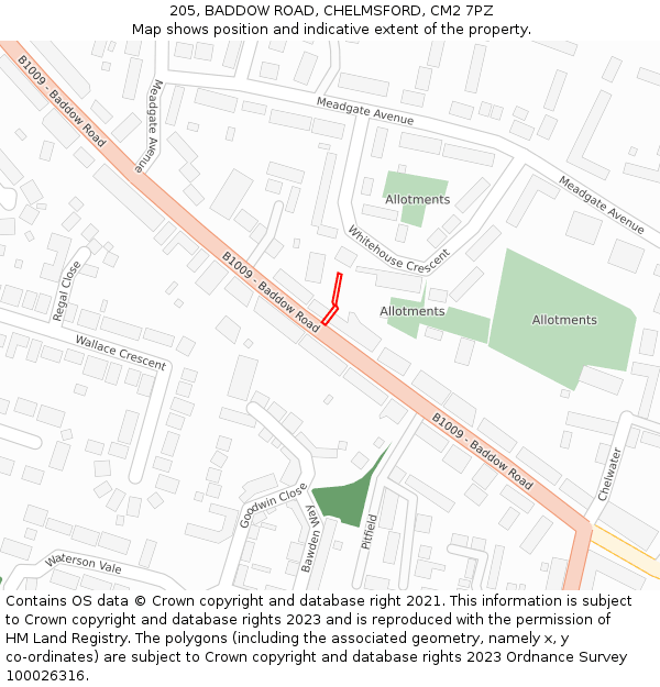 205, BADDOW ROAD, CHELMSFORD, CM2 7PZ: Location map and indicative extent of plot