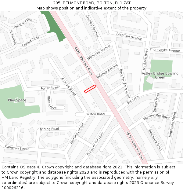 205, BELMONT ROAD, BOLTON, BL1 7AT: Location map and indicative extent of plot