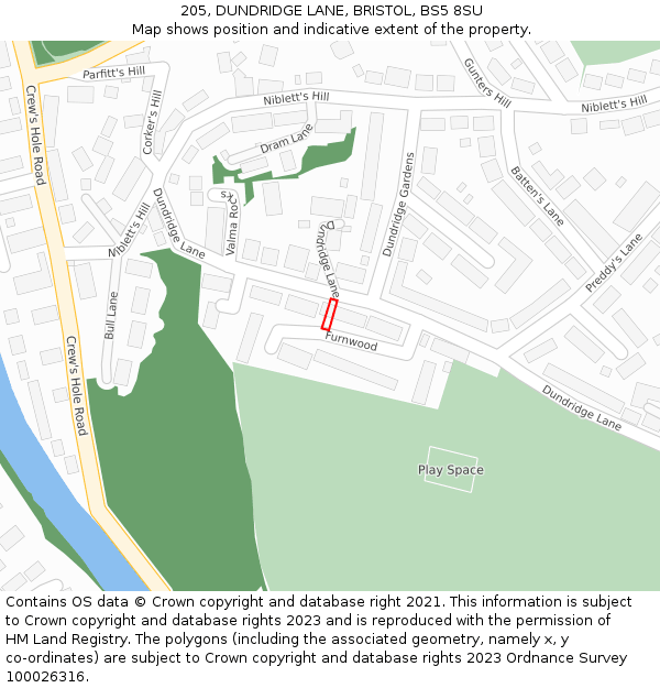 205, DUNDRIDGE LANE, BRISTOL, BS5 8SU: Location map and indicative extent of plot
