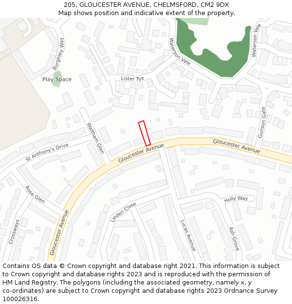 205, GLOUCESTER AVENUE, CHELMSFORD, CM2 9DX: Location map and indicative extent of plot