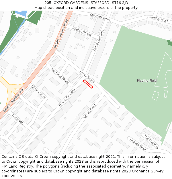 205, OXFORD GARDENS, STAFFORD, ST16 3JD: Location map and indicative extent of plot