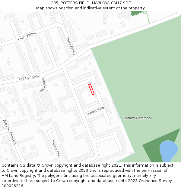 205, POTTERS FIELD, HARLOW, CM17 9DE: Location map and indicative extent of plot