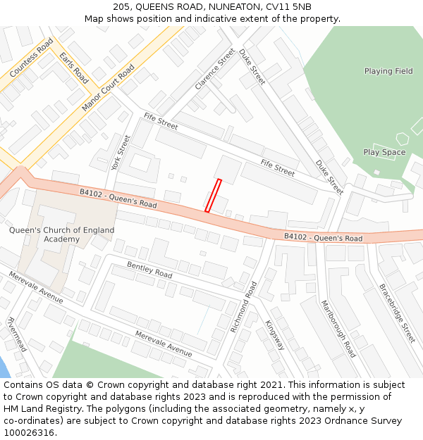 205, QUEENS ROAD, NUNEATON, CV11 5NB: Location map and indicative extent of plot