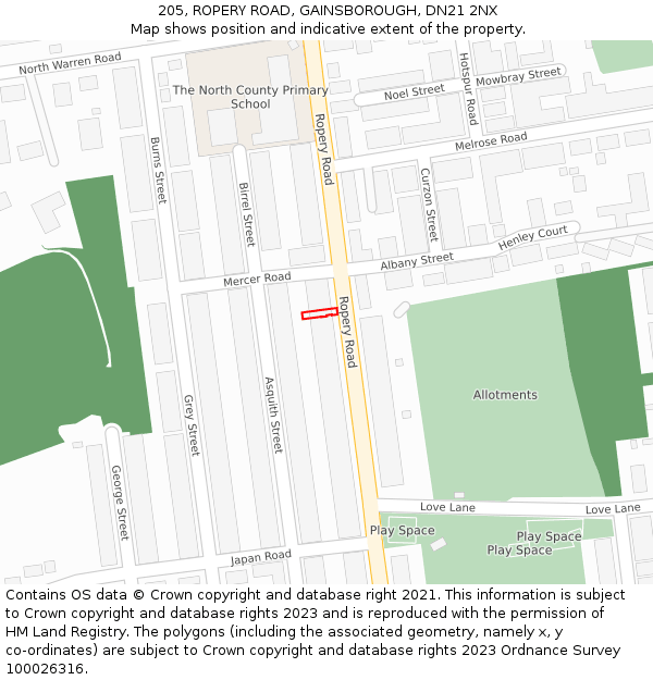 205, ROPERY ROAD, GAINSBOROUGH, DN21 2NX: Location map and indicative extent of plot