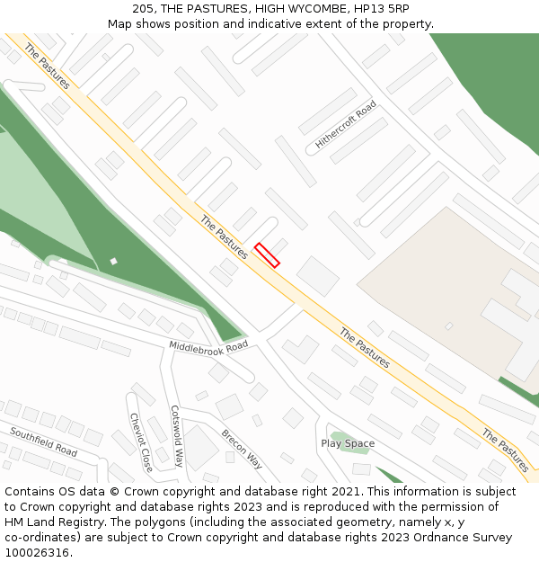 205, THE PASTURES, HIGH WYCOMBE, HP13 5RP: Location map and indicative extent of plot