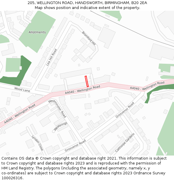 205, WELLINGTON ROAD, HANDSWORTH, BIRMINGHAM, B20 2EA: Location map and indicative extent of plot