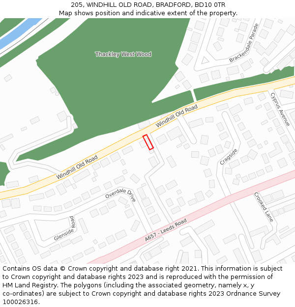 205, WINDHILL OLD ROAD, BRADFORD, BD10 0TR: Location map and indicative extent of plot