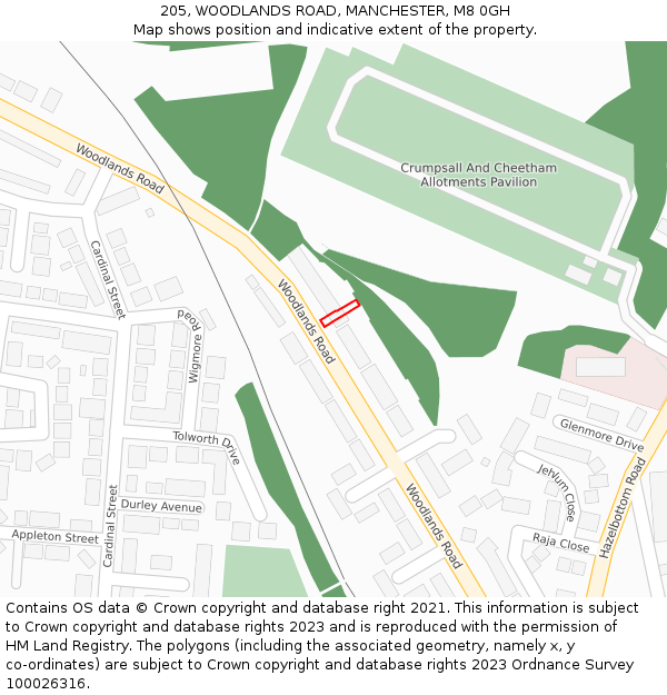 205, WOODLANDS ROAD, MANCHESTER, M8 0GH: Location map and indicative extent of plot