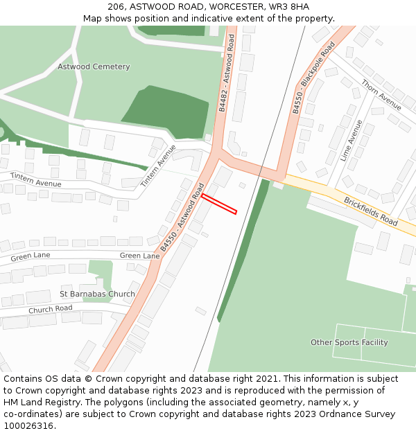 206, ASTWOOD ROAD, WORCESTER, WR3 8HA: Location map and indicative extent of plot