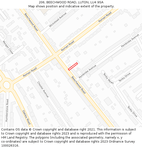 206, BEECHWOOD ROAD, LUTON, LU4 9SA: Location map and indicative extent of plot