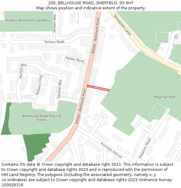 206, BELLHOUSE ROAD, SHEFFIELD, S5 6HT: Location map and indicative extent of plot