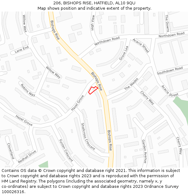 206, BISHOPS RISE, HATFIELD, AL10 9QU: Location map and indicative extent of plot