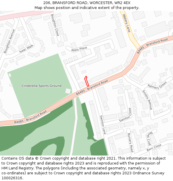 206, BRANSFORD ROAD, WORCESTER, WR2 4EX: Location map and indicative extent of plot