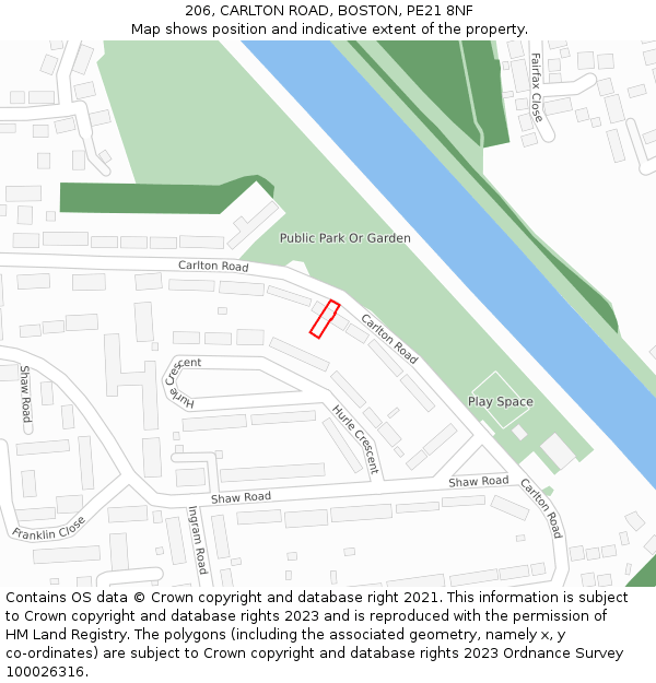 206, CARLTON ROAD, BOSTON, PE21 8NF: Location map and indicative extent of plot