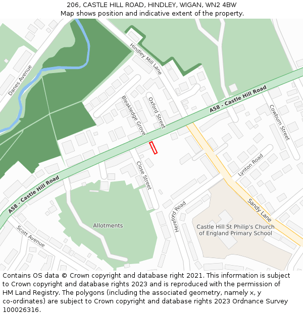 206, CASTLE HILL ROAD, HINDLEY, WIGAN, WN2 4BW: Location map and indicative extent of plot