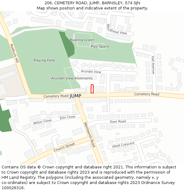 206, CEMETERY ROAD, JUMP, BARNSLEY, S74 0JN: Location map and indicative extent of plot
