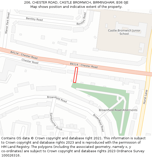 206, CHESTER ROAD, CASTLE BROMWICH, BIRMINGHAM, B36 0JE: Location map and indicative extent of plot