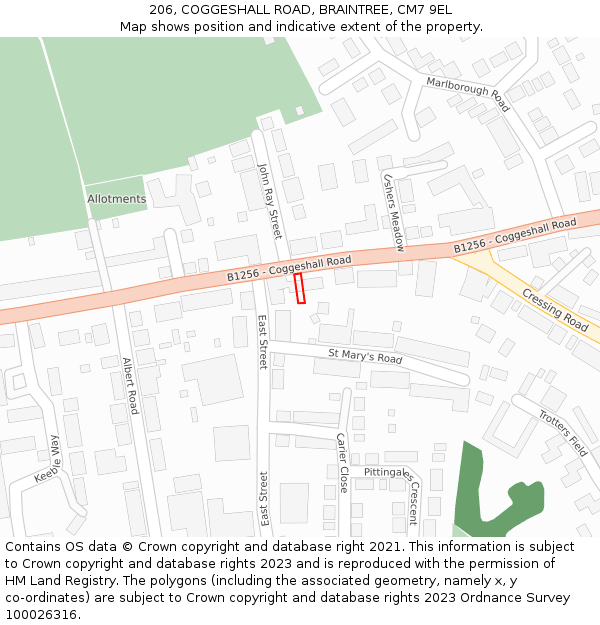 206, COGGESHALL ROAD, BRAINTREE, CM7 9EL: Location map and indicative extent of plot